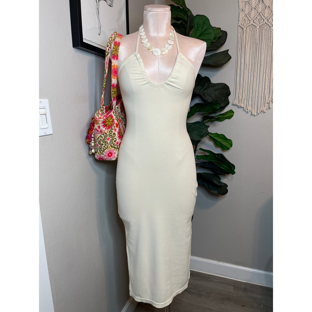 Roxy Late Sunset Waffle Knit Halter Dress Cream Midi Bodycon Side Slit Small